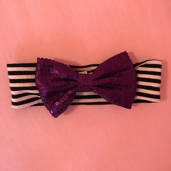 Halloween Black White Striped Headband Purple Bow - Picture 3 of 5